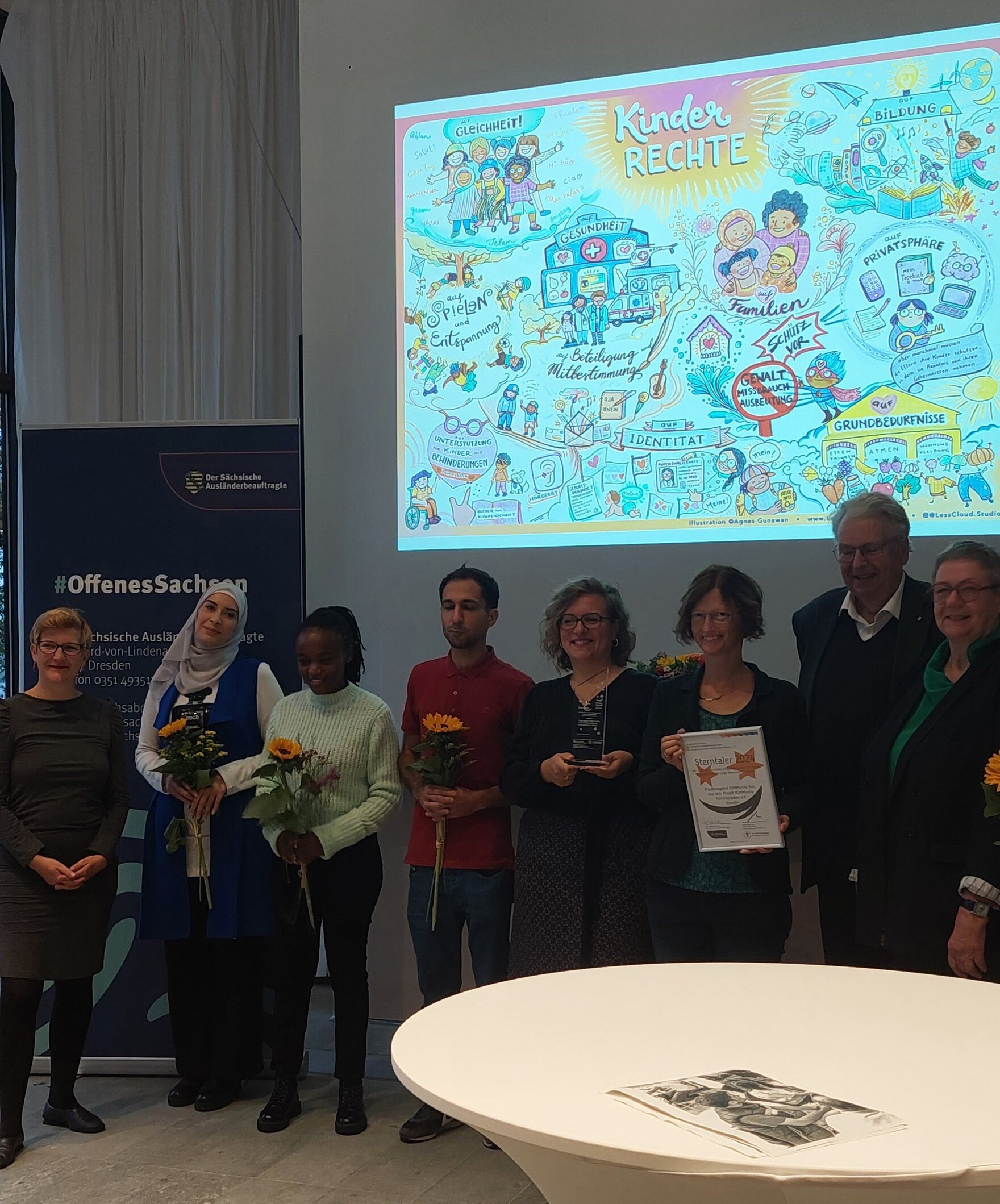 Gruppenfoto mit Engagierten des Projekte KOMMunity Kids, der Kinder- und Jugendbeauftragten und des Ausländerbeauftragten